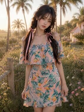 Pink Skies + Palm Vibes sun-kissed shoulders tropical flounce top mini Dress